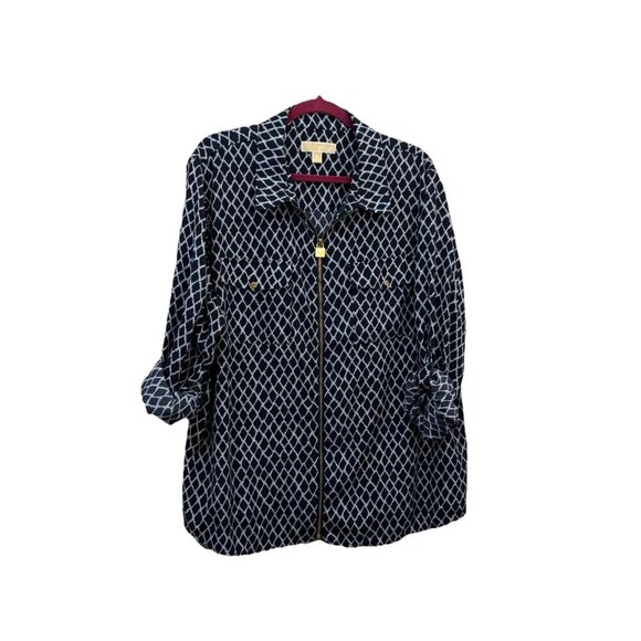 Michael Kors Zipper Front Blouse Nautical Print Coastal Women 3X Roll Up Sleeves - Picture 1 of 9